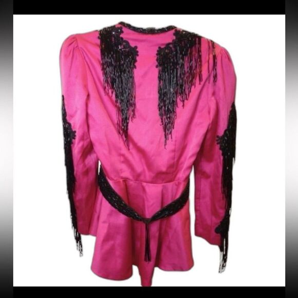 VTG 80s Huey Waltzer for Darcy Pink Black Beaded Fringe Couture Jacket Small - Picture 3 of 11